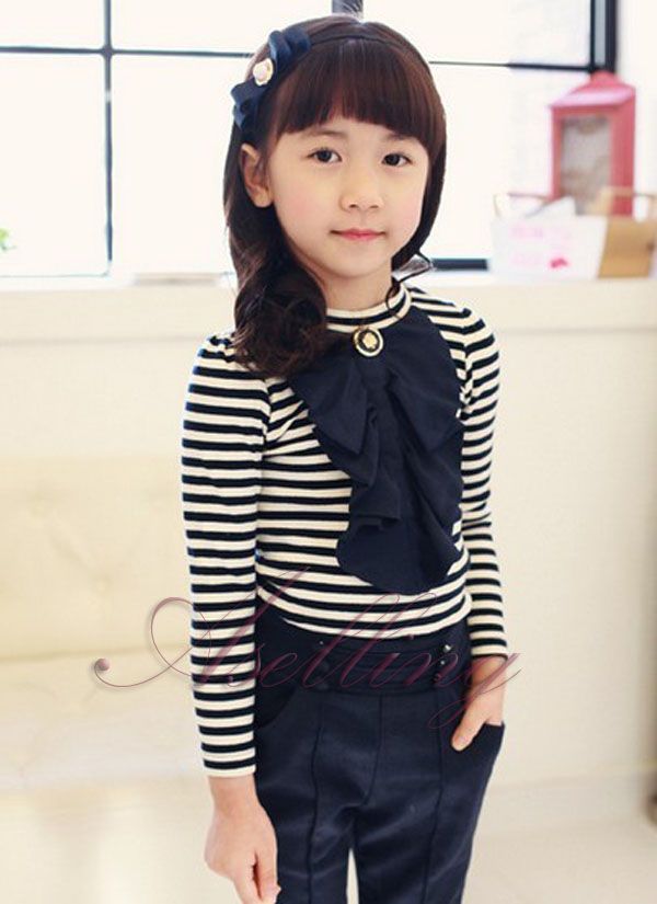 Spring Kids Girls Striped Long Sleeve Bowknot Undershirt Top Tshirt