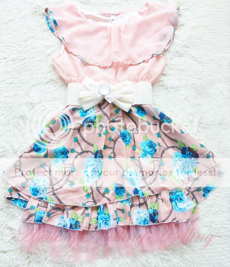 Sweet Casual Womens Girl Korean Floral Chiffon Tunic Mini Dress with Belt Summer
