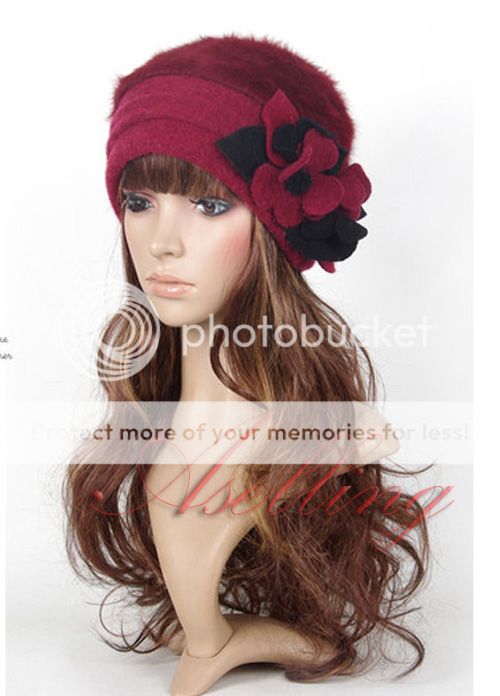 Womens Winter Rabbit Fur Wool Flower Trim Beanie Cap Dress Crochet Beret Hat