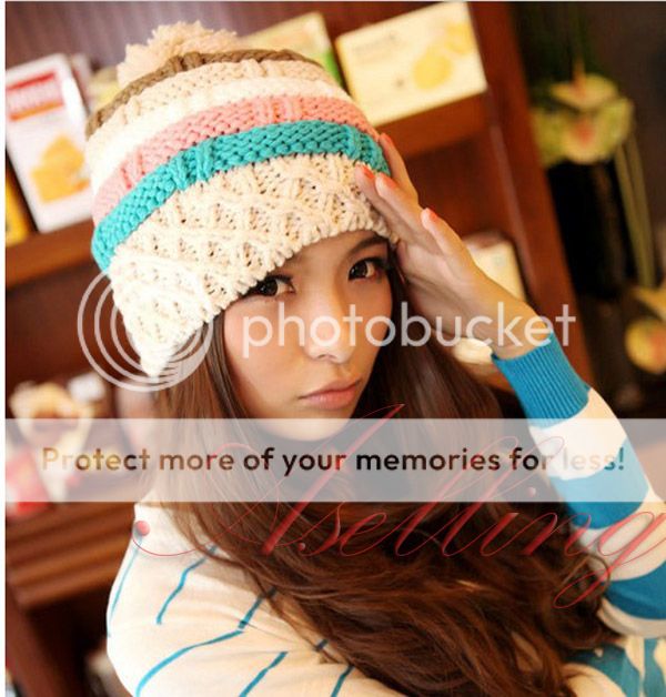 Women's Winter Cute Ski Cap Knit Wool Warm Hat Colorful Strip Baggy Ball Hats