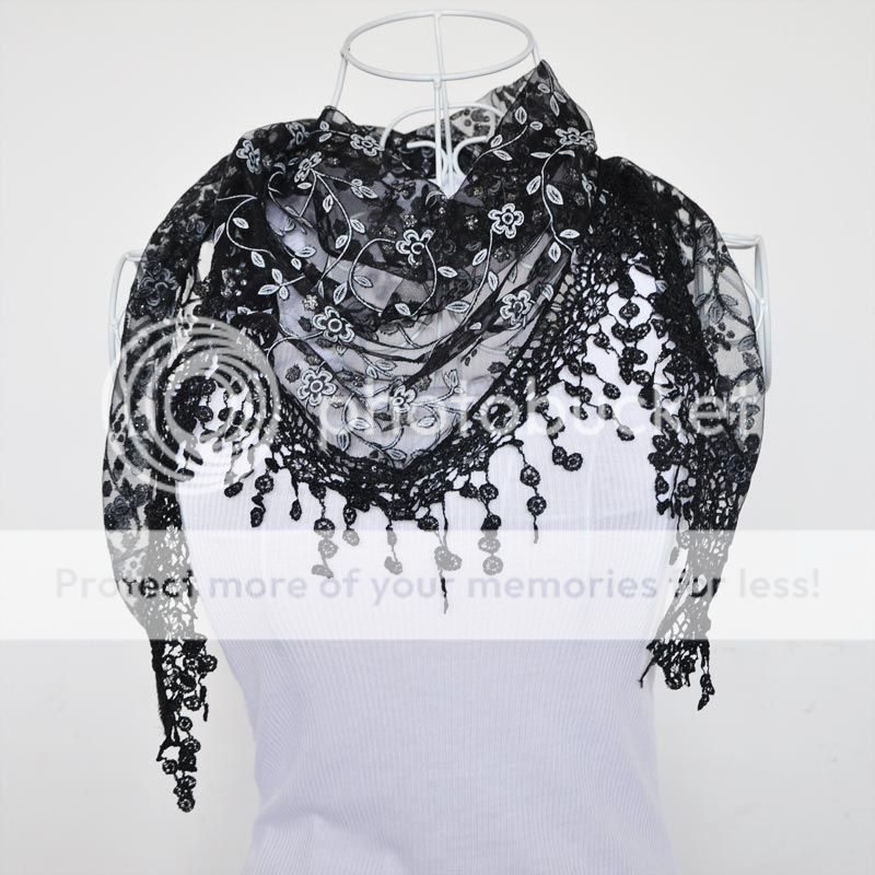 Lace Tassel Sheer Metallic Burnt-out Floral Print Triangle Mantilla ...